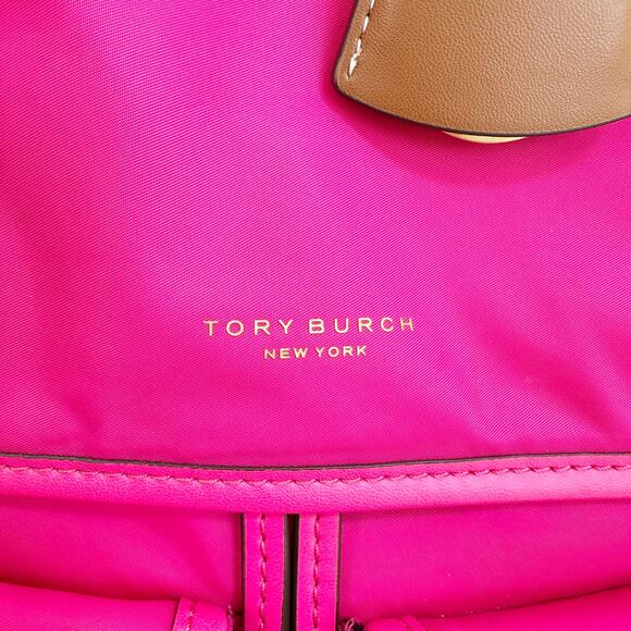 Tory Burch Perry Nylon Flap Backpack Bright Pink Fuchsia Leather Trim Bag - Picture 8 of 16